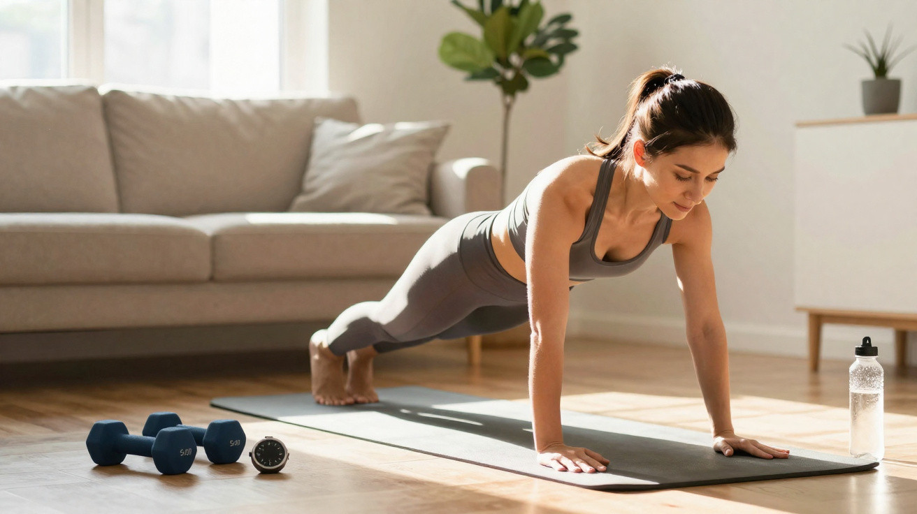 Frau macht Liegestütze auf Yogamatte im Wohnzimmer, neben Hanteln und Wasserflasche.