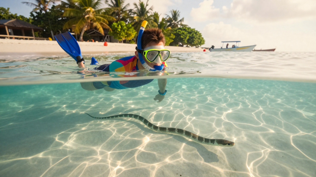 Schnorchler beobachtet neugierig eine schlängelnde Seeschlange im klaren Wasser nahe einem tropischen Strand.