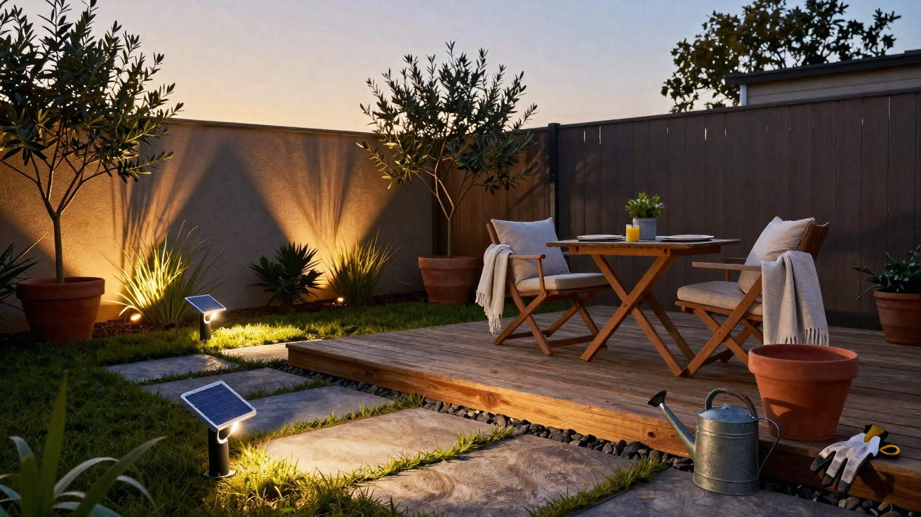Gemütliche Terrasse mit Holzstühlen, Tisch, Pflanzen und Solarleuchten bei Abenddämmerung.