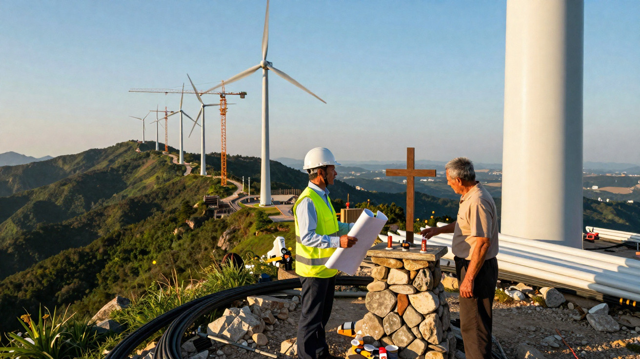 Zwei Männer sprechen an einer Gedenkstätte auf einem Windpark mit Windrädern auf einem Bergkamm.