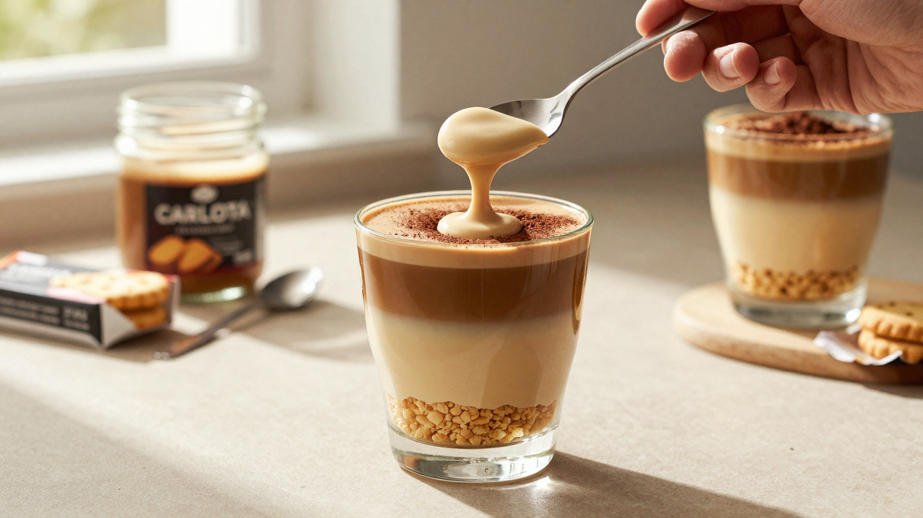 Zweier Gläser mit Schichtdessert, Keksbrösel unten, Kaffee in der Mitte, Karamellcreme oben auf einem Löffel.