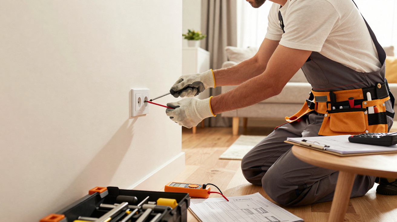 Elektriker kniet im Wohnzimmer und repariert eine Steckdose mit Schraubendreher und Werkzeugkasten.