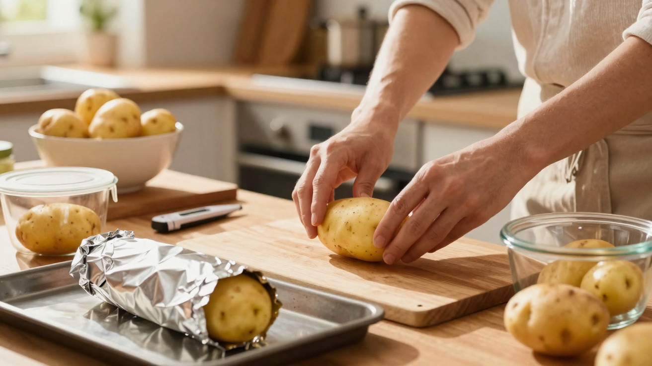 Person bereitet frische Kartoffeln auf einem Holzbrett in einer modernen Küche zu.