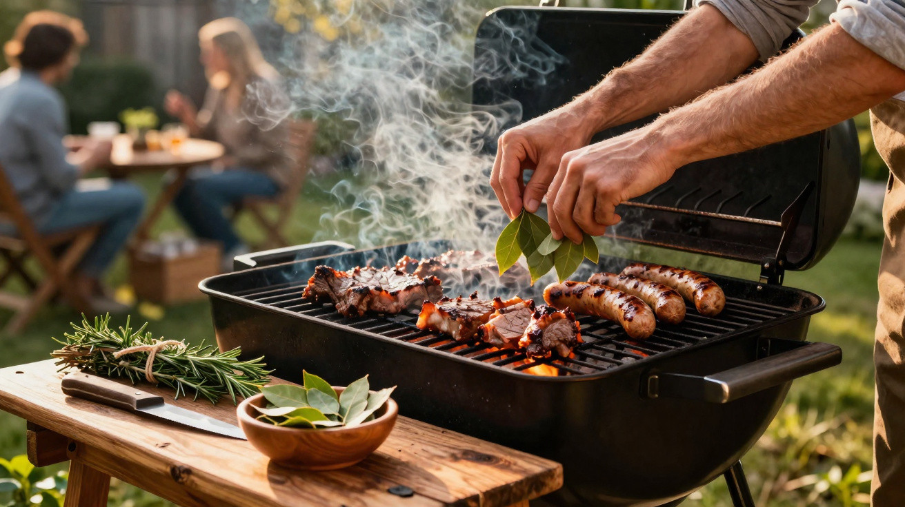 Person legt Lorbeerblätter auf Grill mit Würstchen und Fleisch, im Hintergrund Freunde beim Essen im Garten.