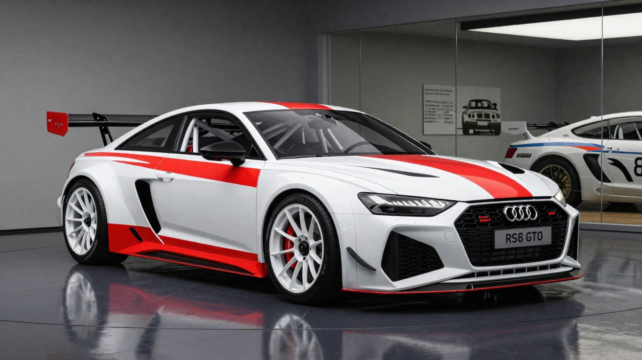 Weißer Audi RS6 GTO mit roten Rennstreifen und Spoiler in moderner Garage vor Wandspiegel.