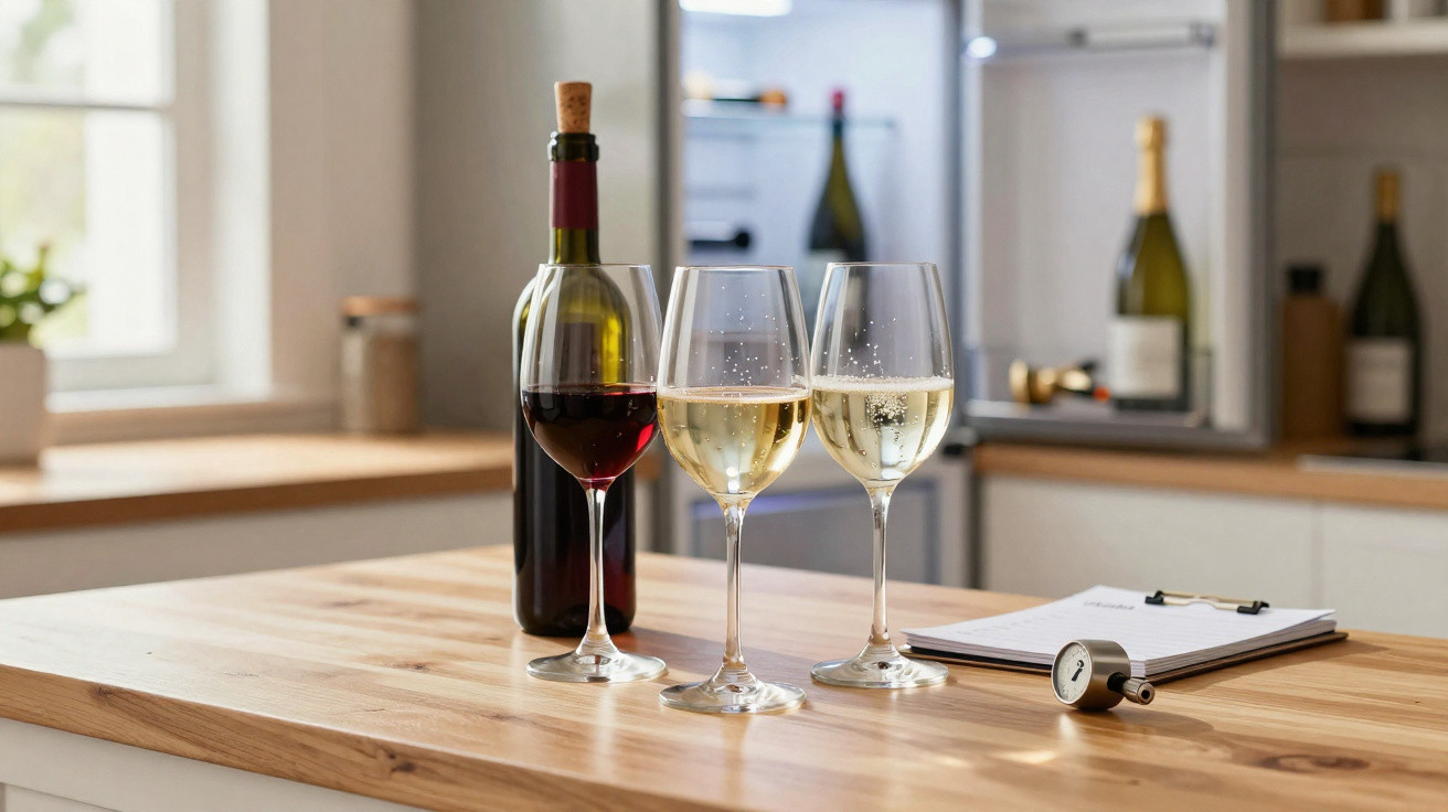 Drei Weingläser mit Rot- und Weißwein vor geöffneter Kühlschranktür auf Holztisch in moderner Küche.