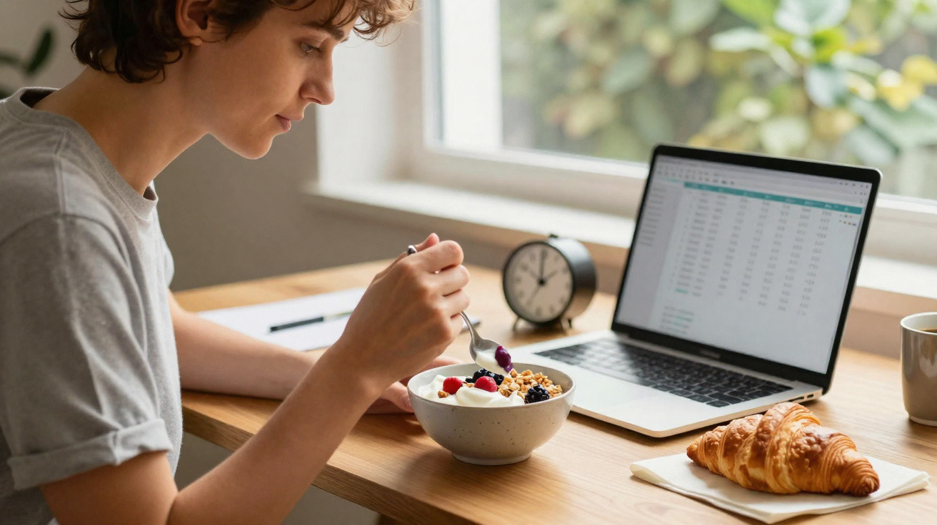 Person sitzt am Tisch, isst Müsli mit Beeren, Laptop mit Tabellen, Croissant und Wecker auf dem Tisch.