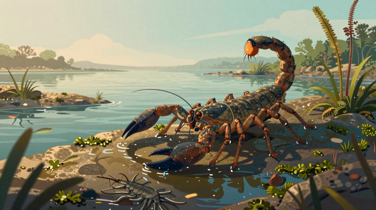 Illustration eines Skorpions auf einem Stein am Ufer eines Gewässers mit Pflanzen im Hintergrund.