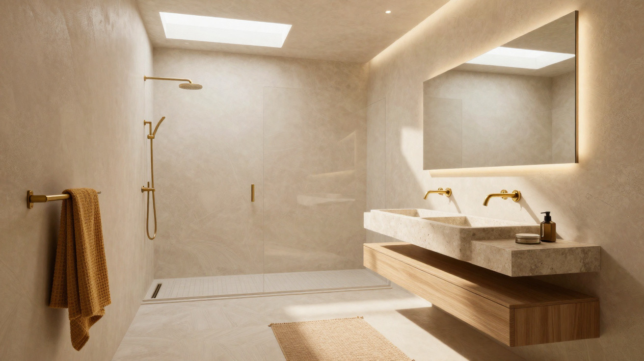 Modernes, helles Badezimmer mit begehbarer Dusche, Doppelwaschbecken und warmen Naturtönen.