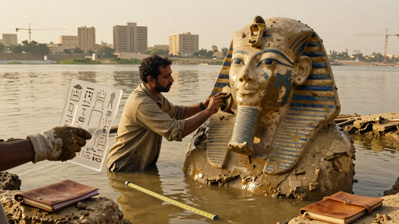 Archäologe bei der Bergung einer großen goldenen Pharaonenstatue aus einem Fluss in Ägypten.
