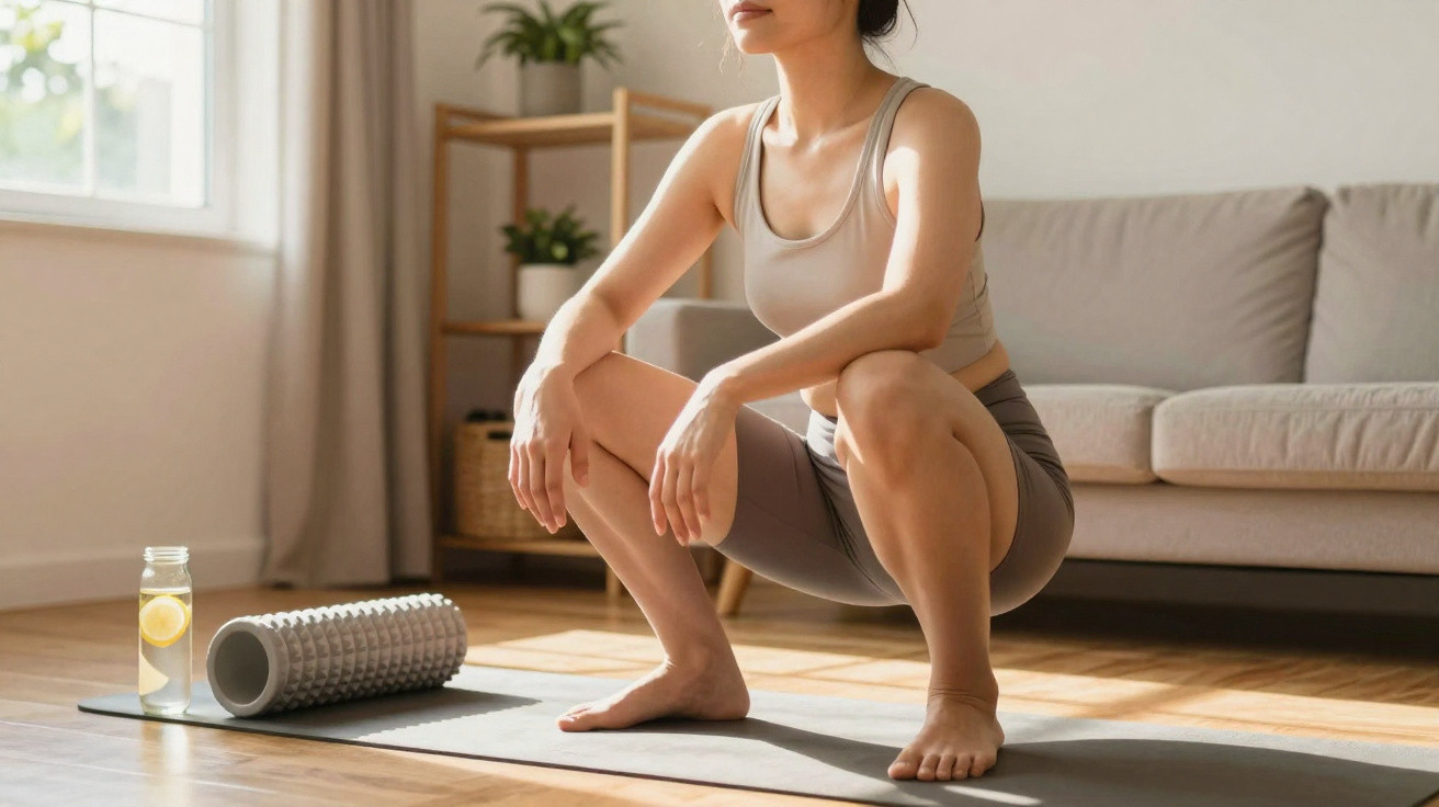 Frau macht Kniebeuge auf Yoga-Matte im Wohnzimmer, neben Schaumstoffrolle und Wasserflasche mit Zitrone.