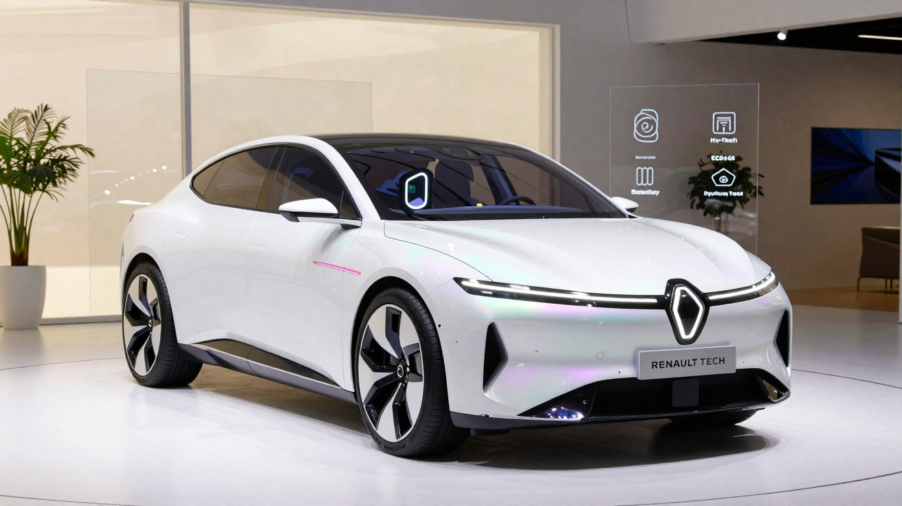 Weißes Renault Elektroauto mit futuristischem Design in modernem Ausstellungsraum.