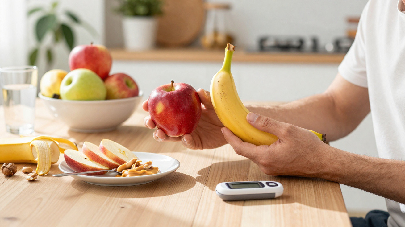 Person hält Apfel und Banane, daneben Blutzuckermessgerät und Obst auf dem Küchentisch.