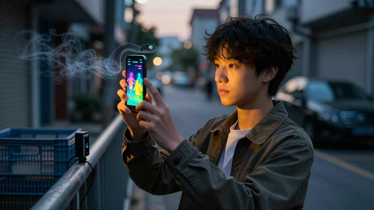 Junge hält Handy mit bunter App, aus der eine geisterhafte Schlange aufsteigt, Fußgängerzone bei Dämmerung.