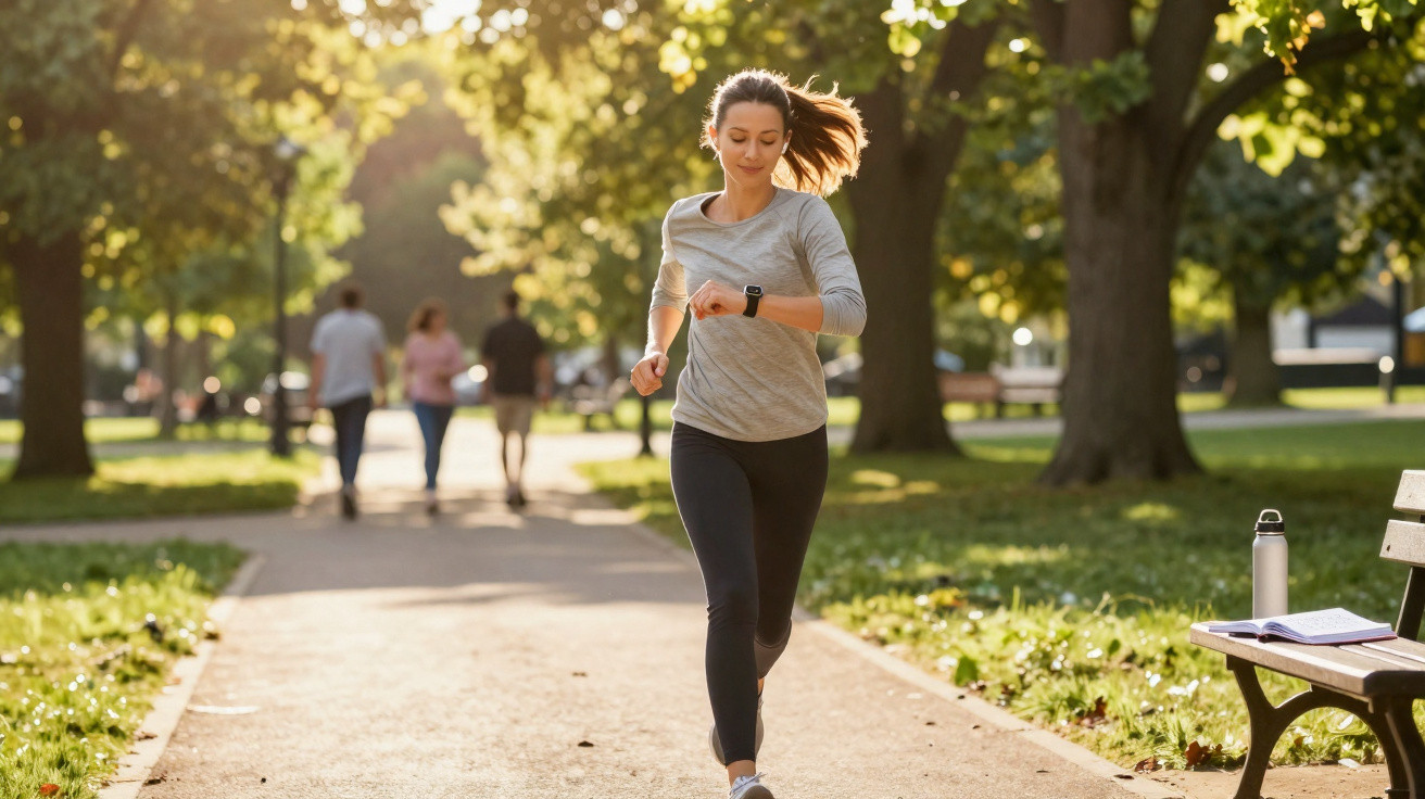 Frau joggt im Park auf einem sonnigen Weg, trägt Sportkleidung und sieht auf ihre Fitnessuhr.