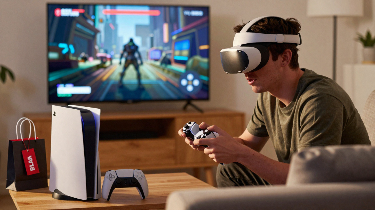 Junger Mann spielt VR-Videospiel mit Controller vor Fernseher und PlayStation 5 in modernem Wohnzimmer.