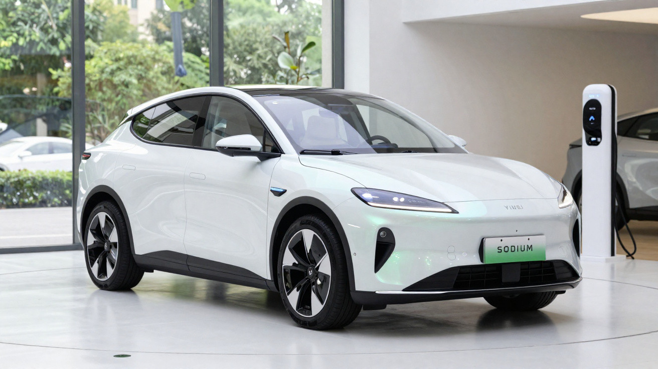 Weißes Elektroauto in Ausstellungsraum neben Ladestation, Modell „Sodium“, moderne sportliche Karosserie.