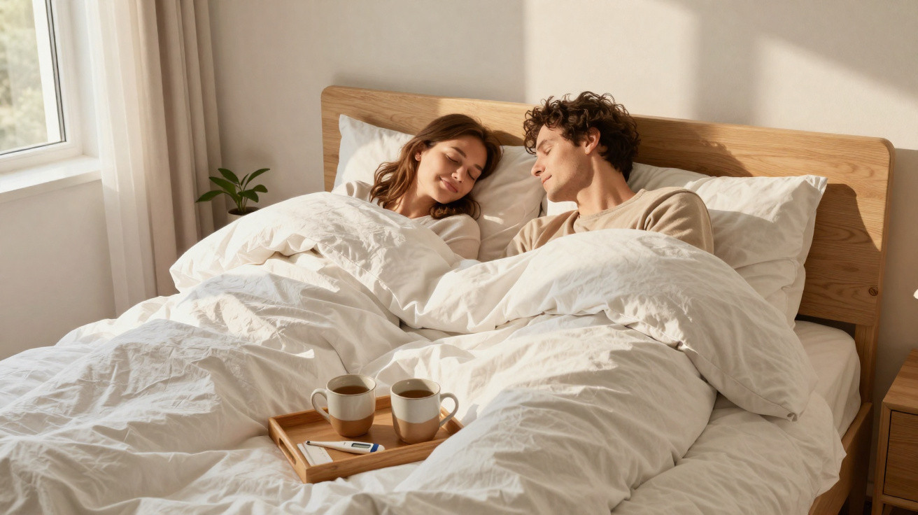 Junges Paar liegt entspannt im Bett mit weißer Bettwäsche, auf einem Tablett zwei Tassen und ein Thermometer.