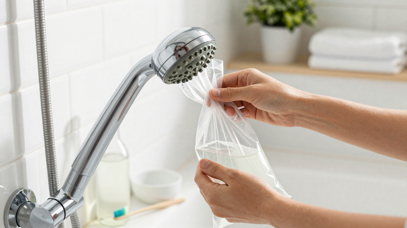 Person füllt einen durchsichtigen Beutel mit Wasser aus einem Handbrause-Duschkopf in einem Badezimmer.