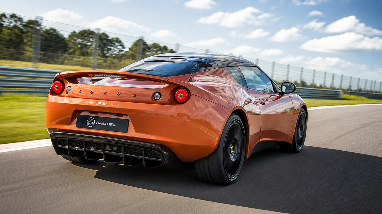 Oranger Lotus Sportwagen fährt auf Rennstrecke bei klarem Himmel, Kurvenzaun im Hintergrund.
