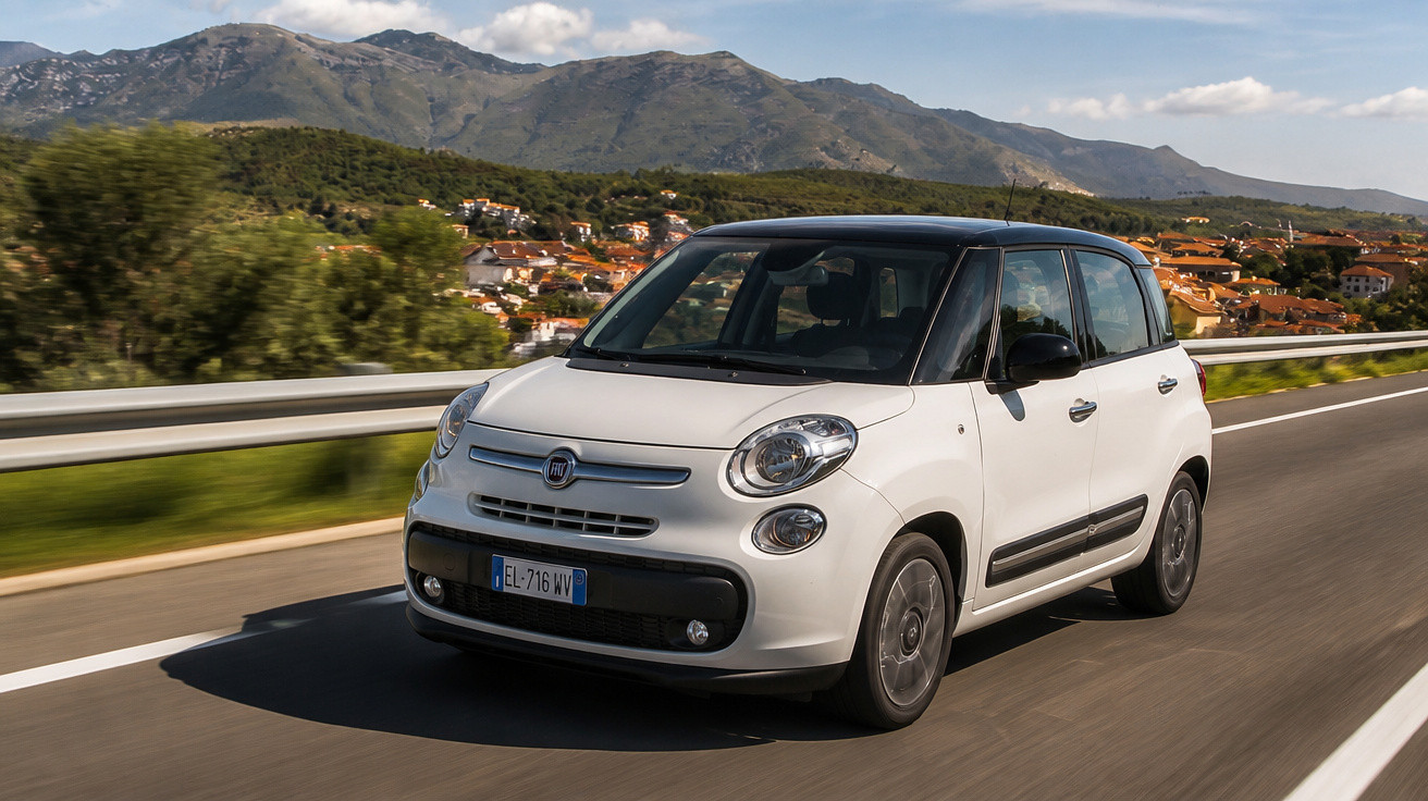 Weißer Fiat Kleinwagen fährt auf Landstraße vor bergiger Landschaft und Häusern im Hintergrund.