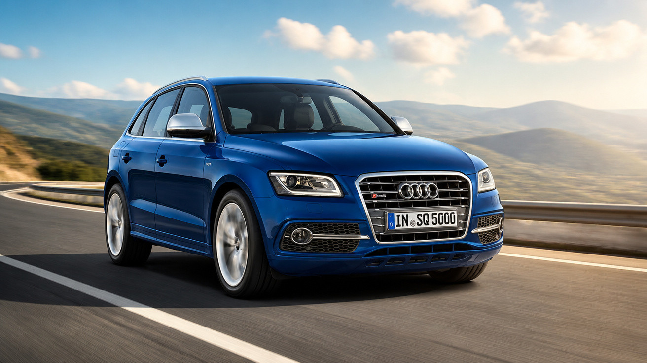 Blauer Audi SUV fährt auf kurviger Landstraße mit Bergen und blauem Himmel im Hintergrund.