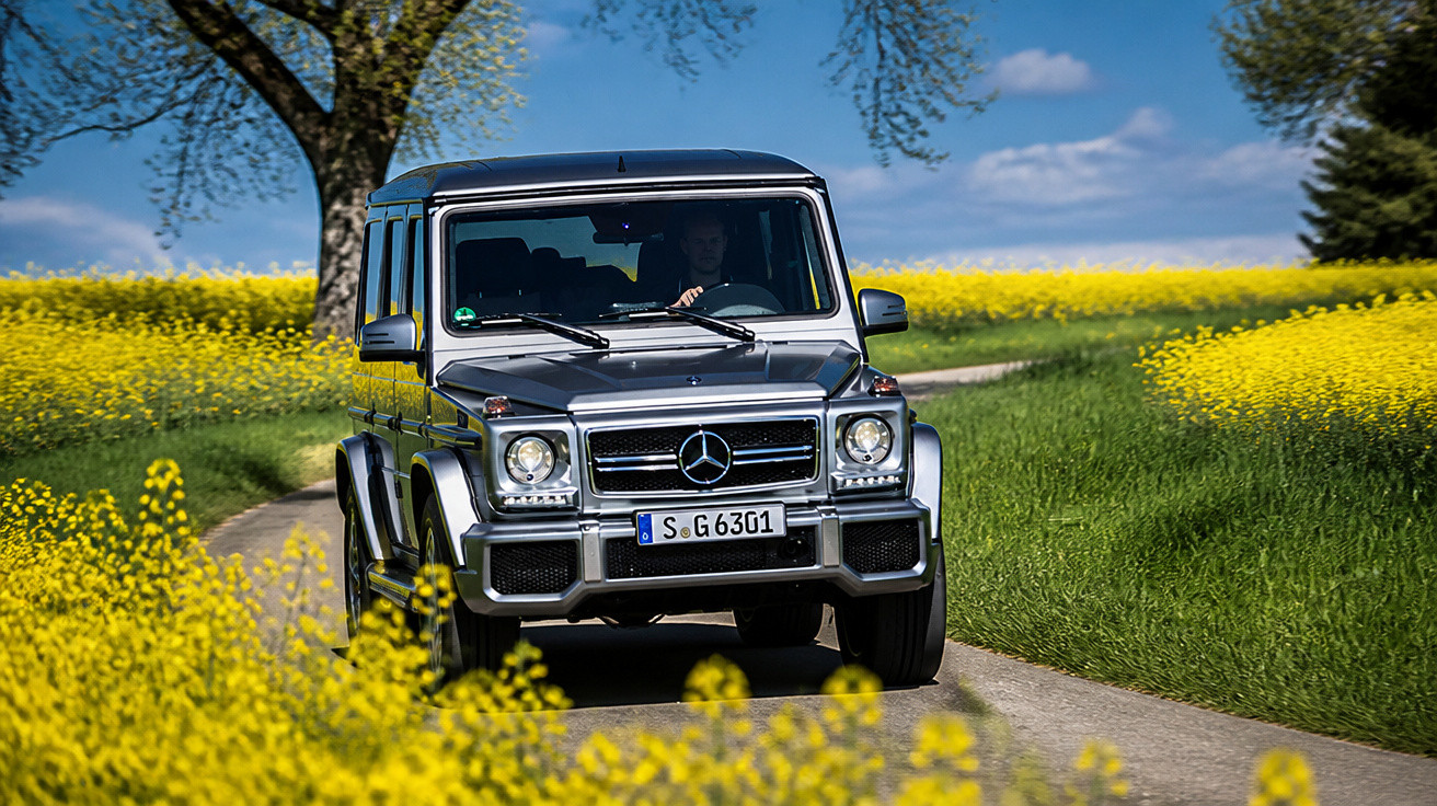 Silberner Mercedes G-Klasse SUV fährt auf Landstraße durch blühendes Rapsfeld bei klarem Himmel.
