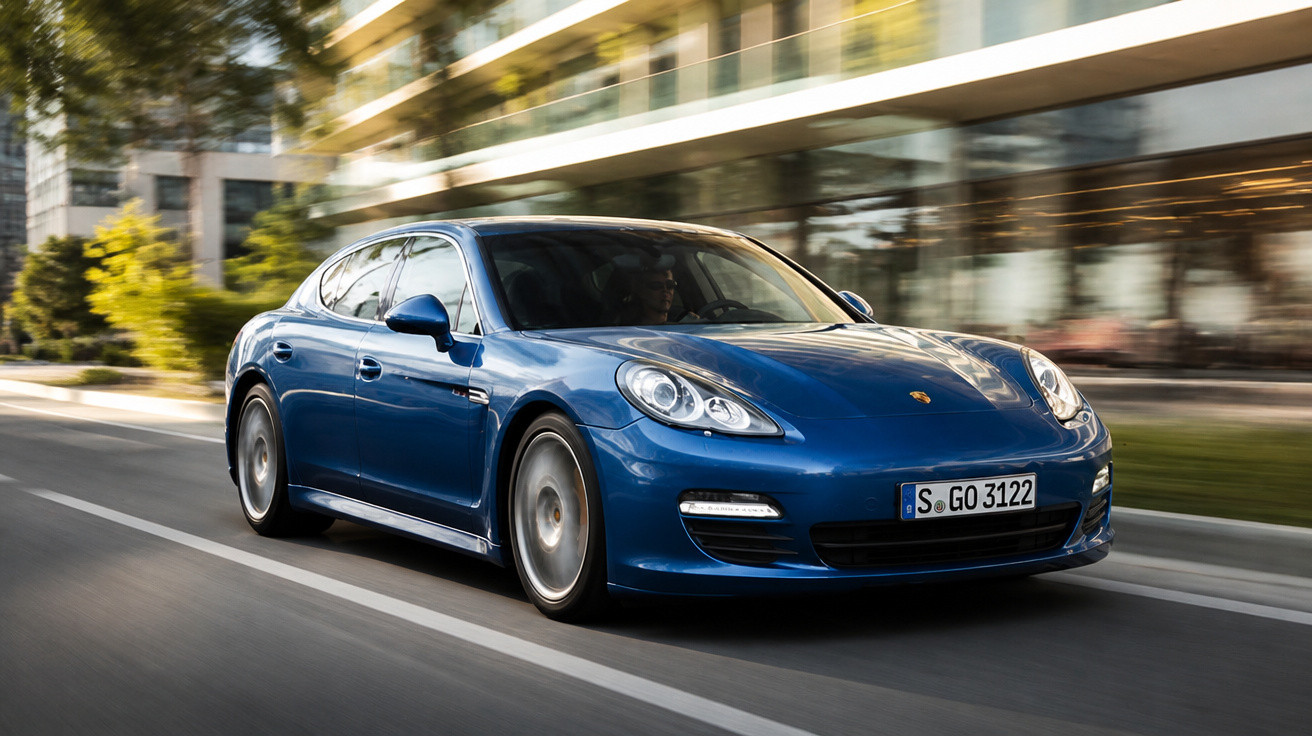 Blauer Porsche Panamera fährt auf einer Straße vor einem modernen Bürogebäude in der Stadt.