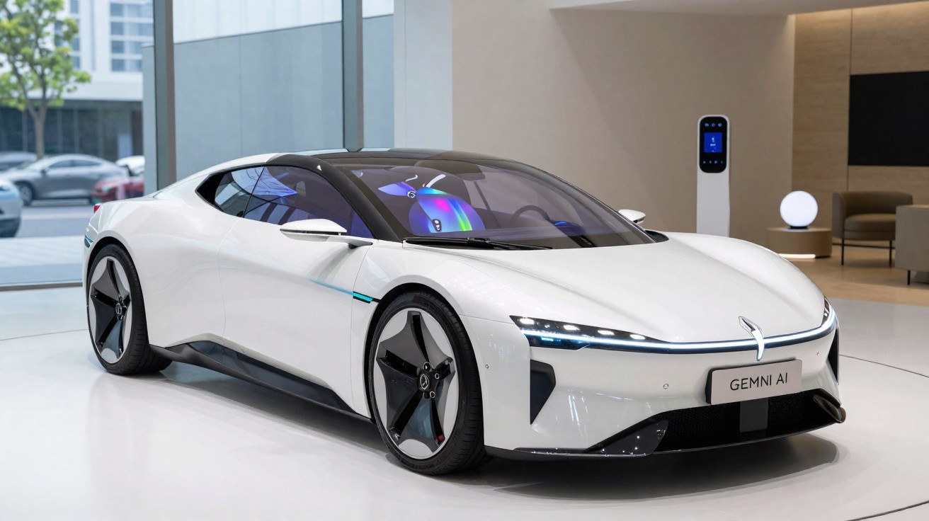 Weißes futuristisches Elektroauto Gemni AI in modernem Showroom vor Ladestation.