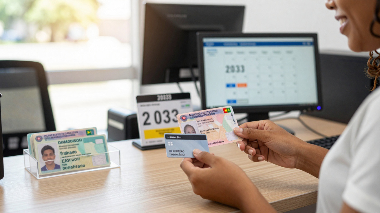 Person hält Ausweis und Karte vor einem Bildschirm mit Nummernsystem in einer Behörde.