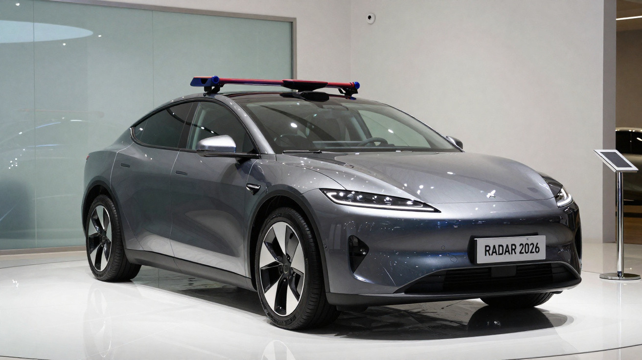 Graues Elektroauto mit Radar-Halterung auf dem Dach, Ausstellungsraum mit weißem Boden und Wänden.