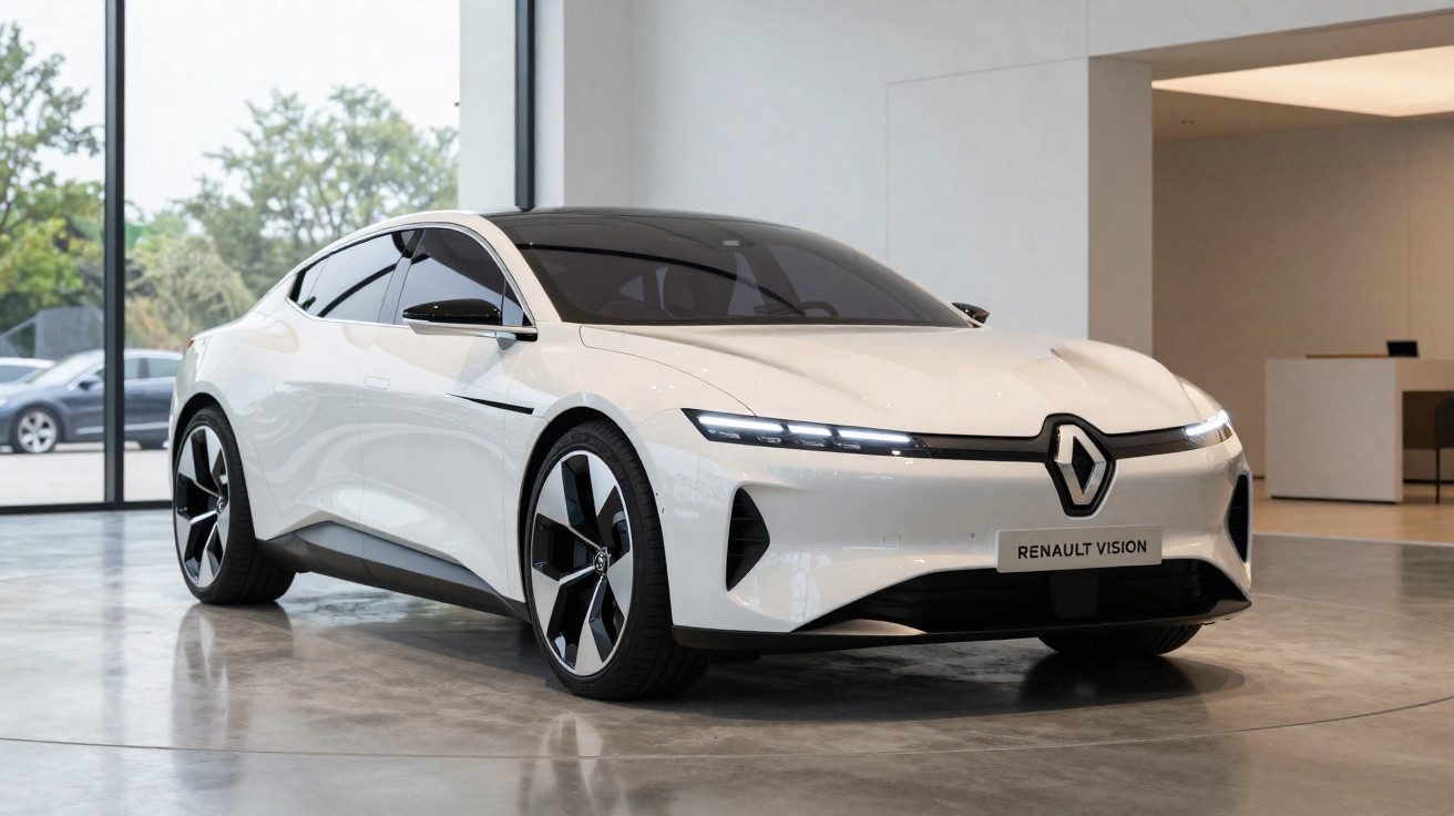 Weißer Renault Vision Elektroauto mit futuristischem Design in modernem Showroom.