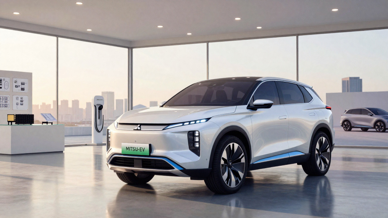 Silberner Mitsubishi Elektro-SUV in modernem Showroom mit großer Fensterfront und Ladestation im Hintergrund.