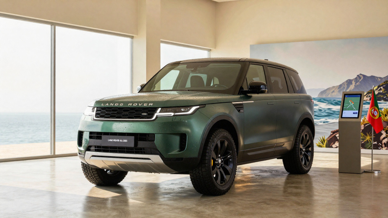 Grüner Land Rover SUV in hellem Ausstellungsraum mit großer Fensterfront und Meeresblick.