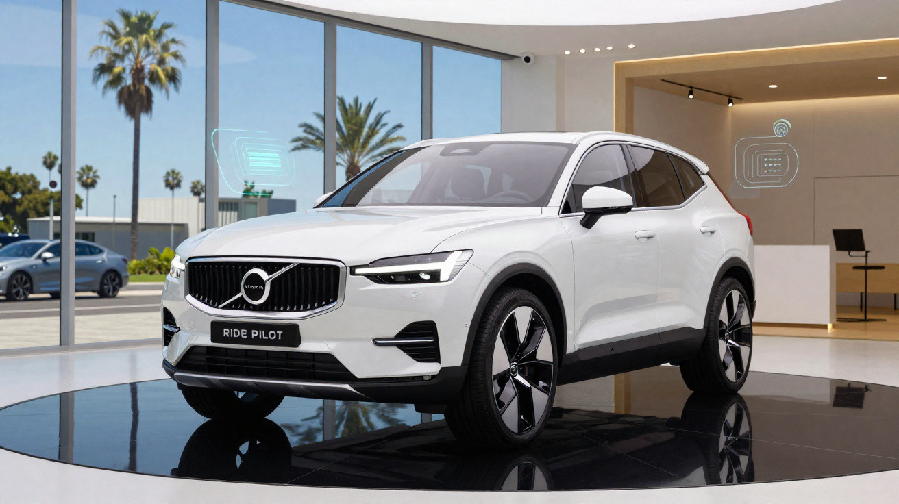 Weißer Volvo SUV mit „Ride Pilot“ im modernen Showroom vor großen Fenstern und Palmen sichtbar.