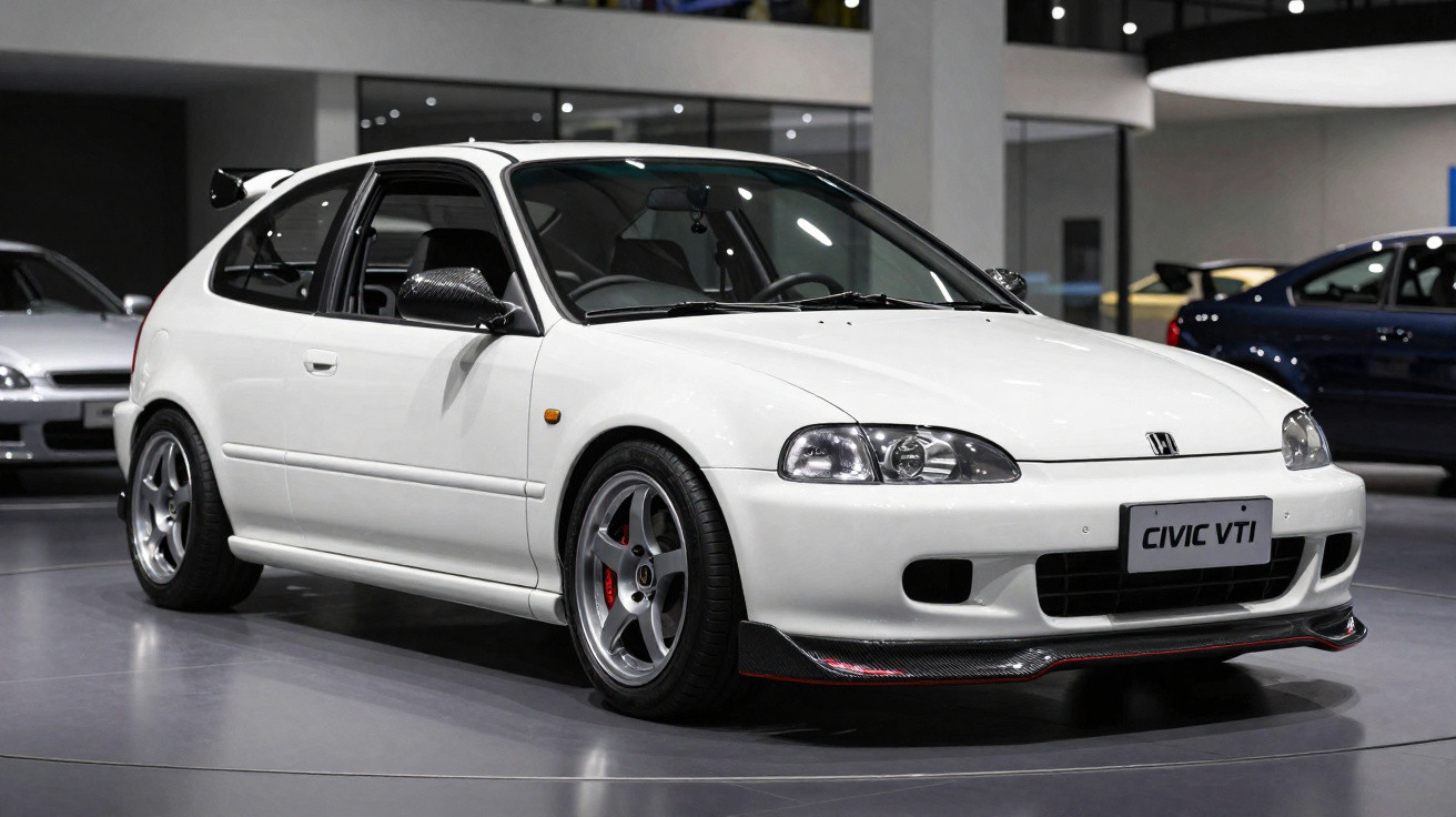 Weißer Honda Civic VTi mit sportlichen Felgen und Spoiler, stehend in moderner Ausstellungshalle.