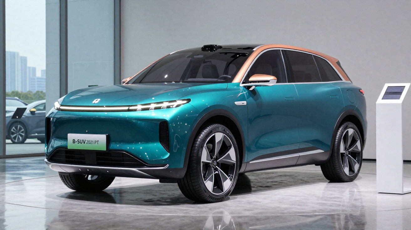 Futuristisches, türkises Elektro-SUV mit orangefarbenem Dach in einem modernen Ausstellungsraum.