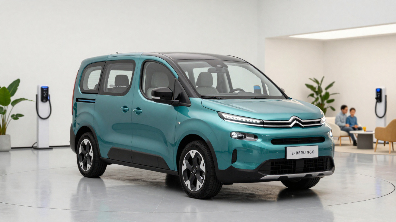 Türkisfarbener Citroën E-Berlingo Elektrovan in moderner Präsentationshalle vor Ladestationen.