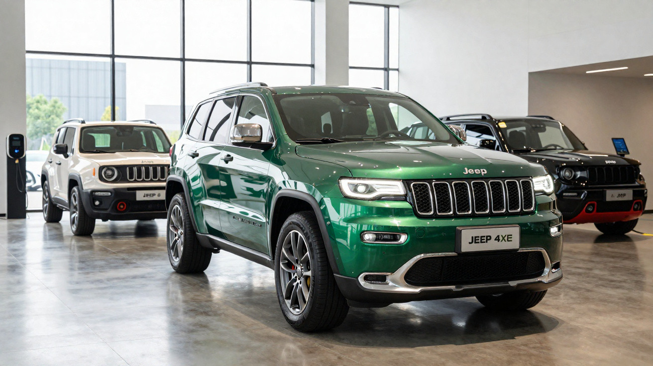 Grüner Jeep 4XE SUV im Vordergrund mit zwei weiteren Jeep-Modellen in einer modernen Ausstellungshalle.