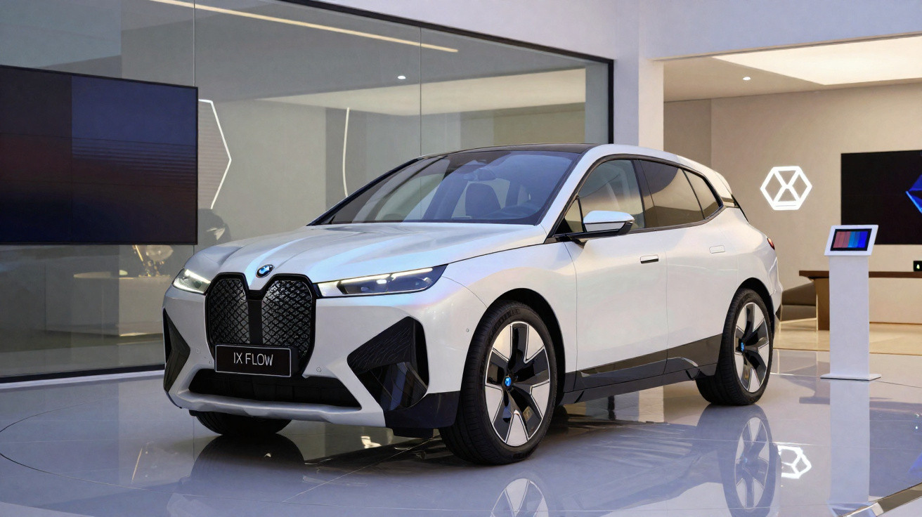 Weißer BMW iX Flow mit E-Ink-Technologie in moderner Ausstellungsumgebung, Front- und Seitenansicht.