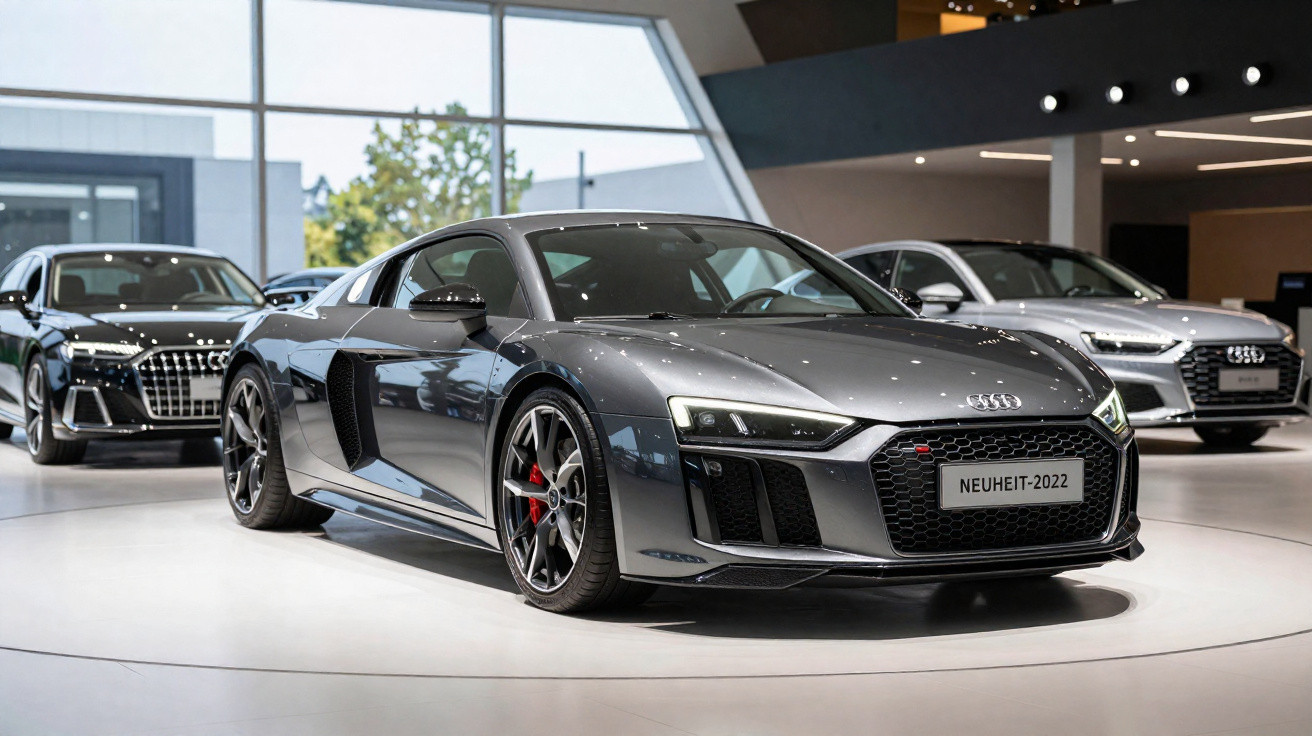Grauer Audi Sportwagen mit "Neuheit-2022"-Kennzeichen, ausgestellt in modernem Autohaus mit weiteren Audi-Modellen.