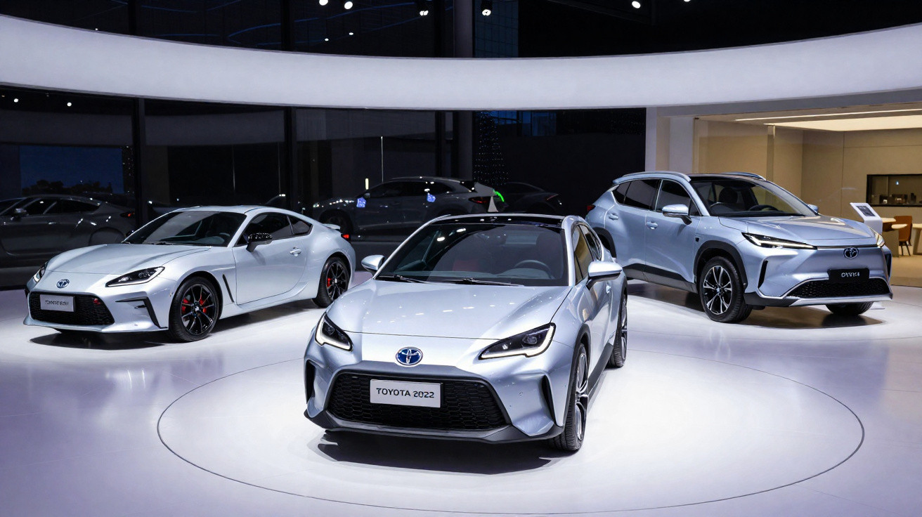 Drei silberne Toyota Autos, 2022 Modelle, in einem modernen Ausstellungsraum mit hellem Licht.