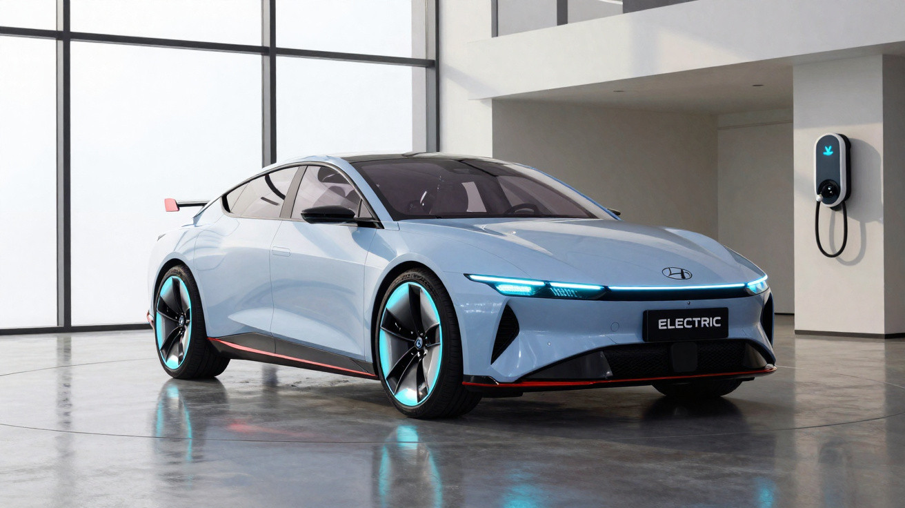 Blauer Elektro-Sportwagen mit futuristischem Design steht in modernem Raum neben Ladestation an der Wand.