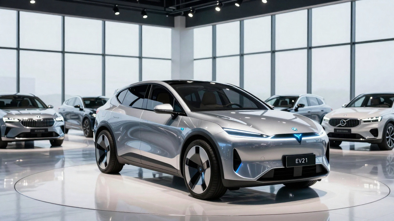 Silberner futuristischer Elektro-SUV im Autohaus mit weiteren Fahrzeugen und großflächigen Fenstern im Hintergrund.