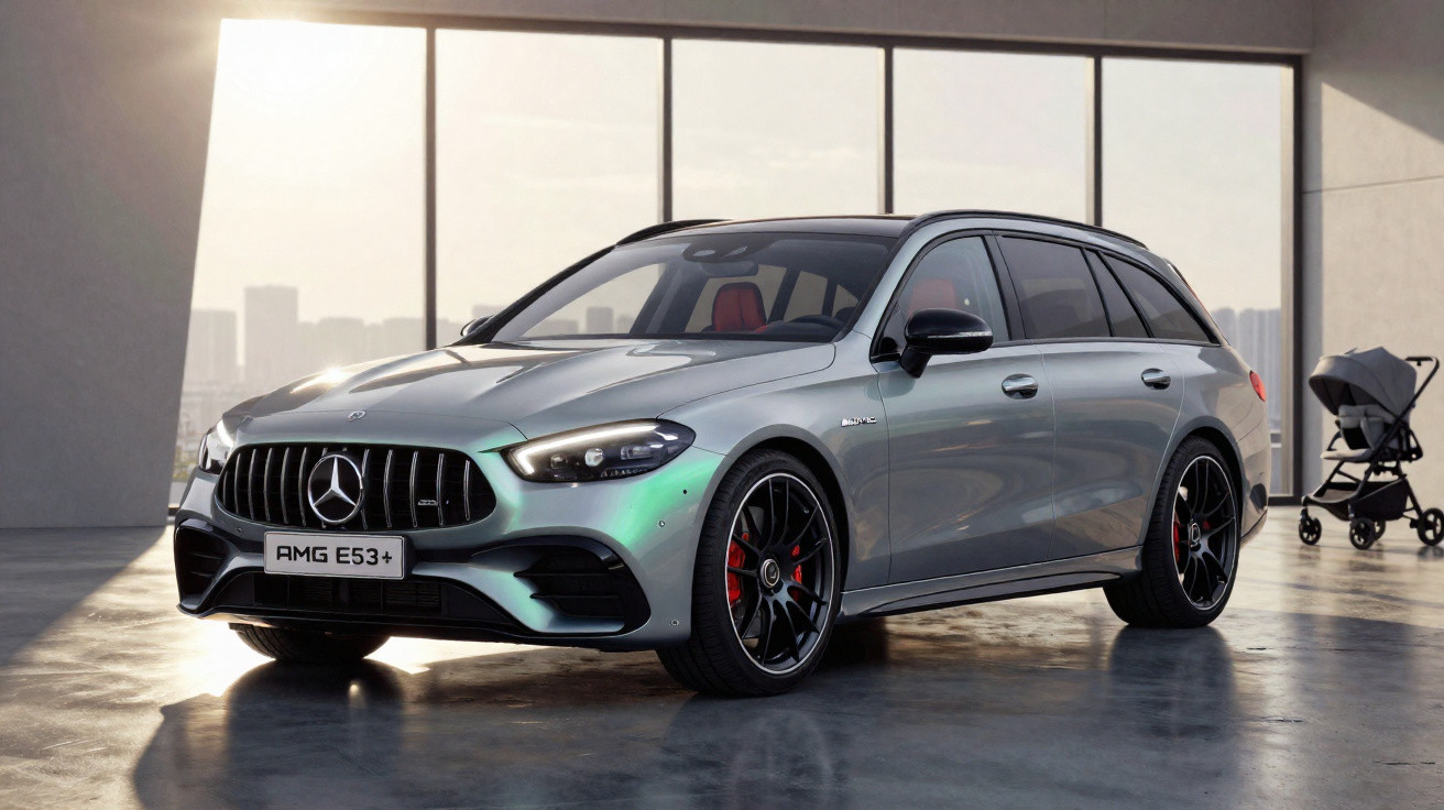 Silberner Mercedes AMG E53+ Kombi mit schwarzem Dach und rotem Innenraum in modernem Raum neben Kinderwagen.