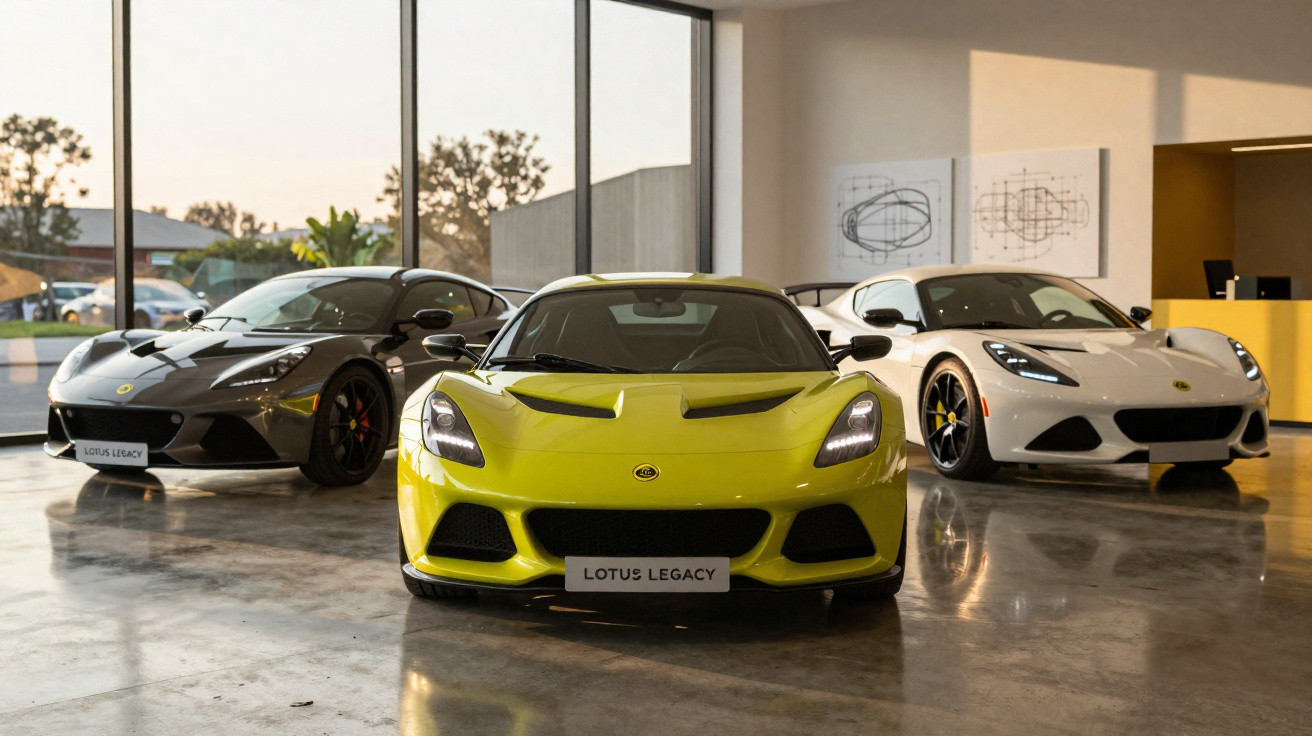 Drei sportliche Lotus-Autos in Gelb, Schwarz und Weiß in einem modernen Showroom mit großem Fenster.