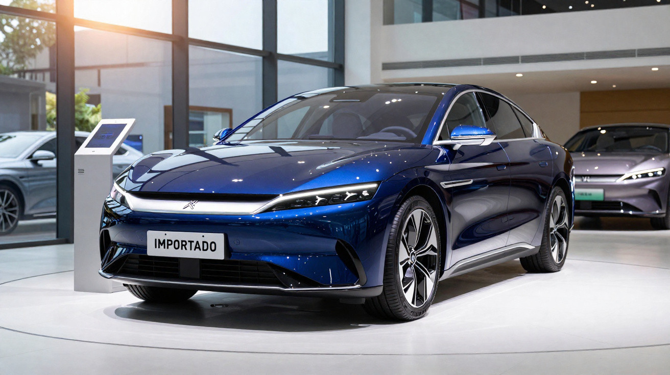 Blauer Elektro-Limousine steht in modernem Autohaus mit großem Fenster und Tageslicht.
