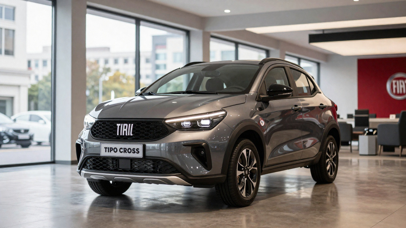Grauer Fiat Tipo Cross SUV steht in modernem Autohaus mit großen Fenstern und rotem Fiat-Logo.