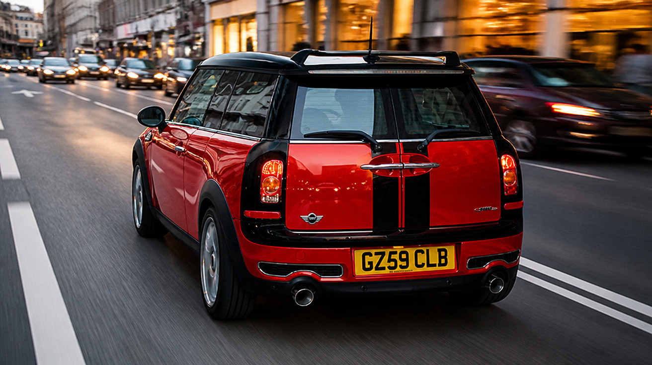 Roter Mini Cooper mit schwarzen Streifen fährt bei Abenddämmerung auf einer belebten Stadtstraße.