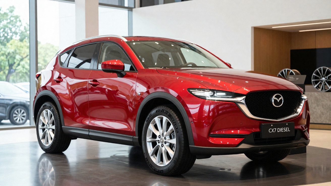 Roter Mazda CX-7 Diesel SUV in einem hellen Autohaus mit glänzendem Lack und modernen Scheinwerfern.